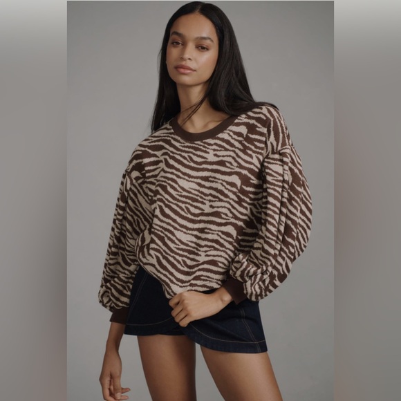 NEW Anthropologie Blue Tassel | Balloon-Sleeve Animal Print Sweatshirt Sz M - Picture 1 of 11